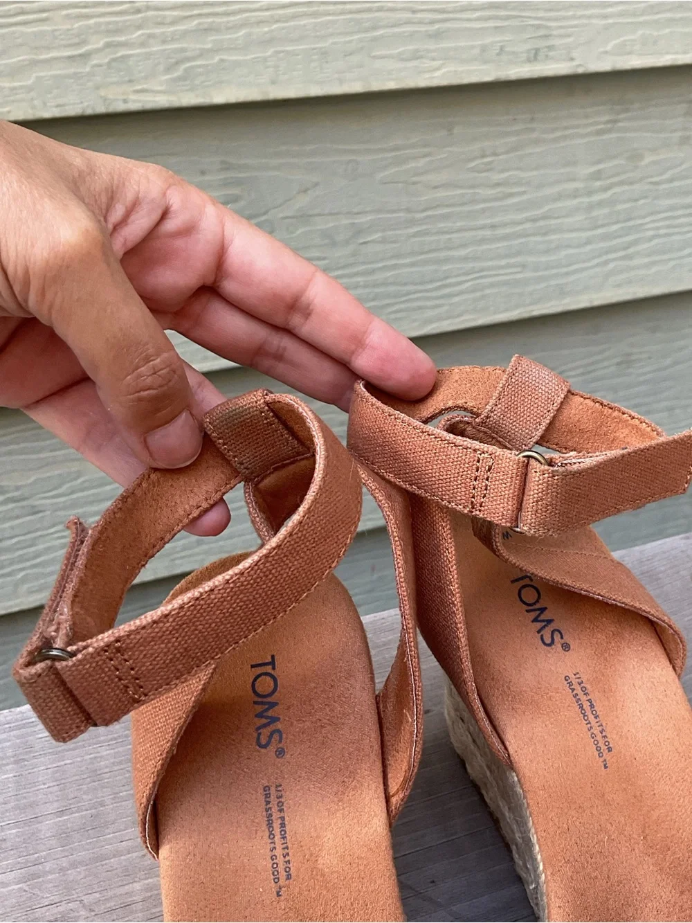 Toms Denim Blue Twist and Tan Espadrille Wedge Sandals